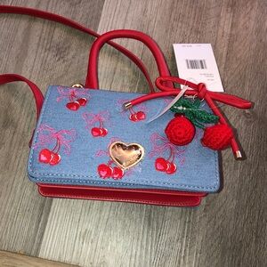 Luv Betsey By Betsey Johnson LBEVIE Denim & Red Cherry Print Crossbody Bag NWT